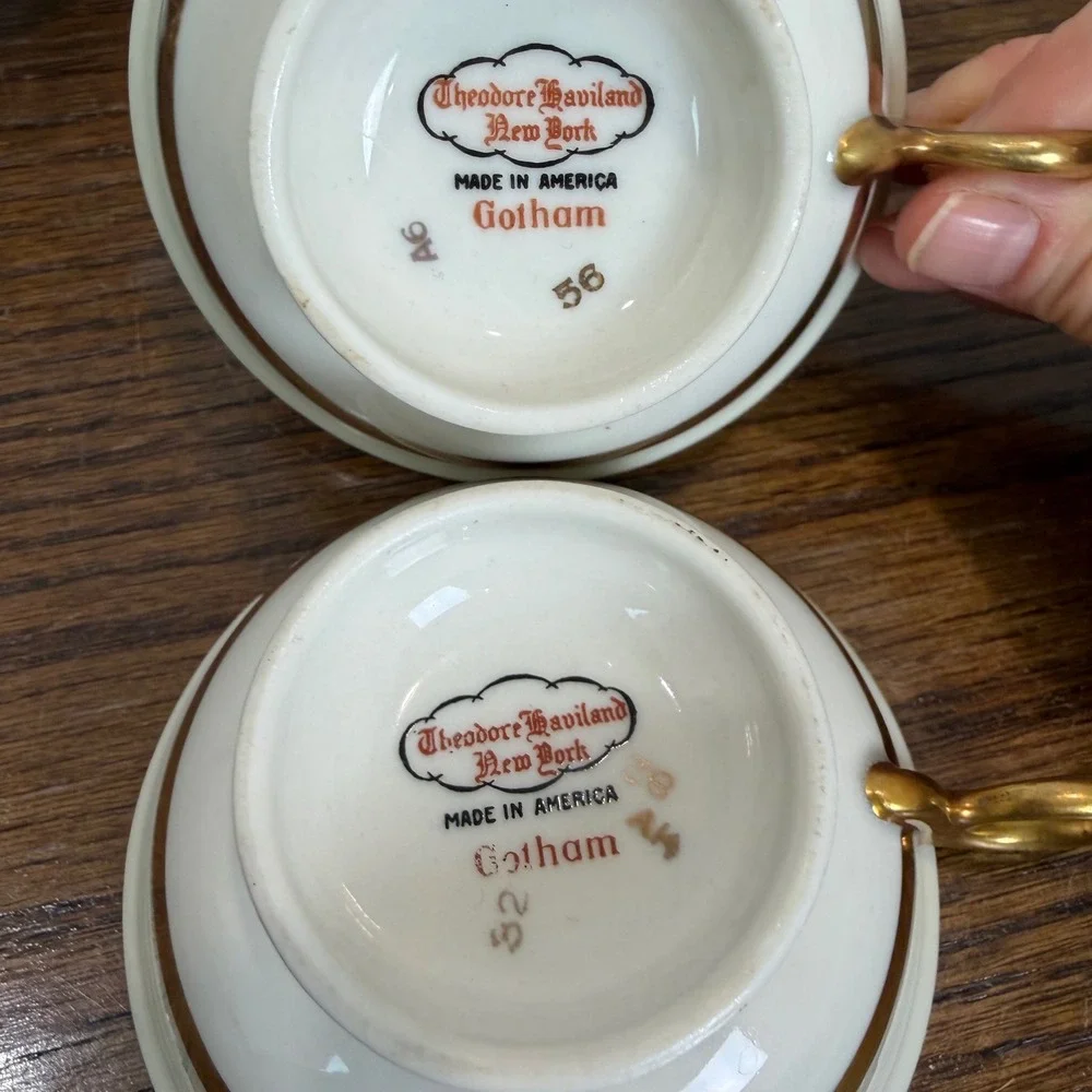 Theodore Haviland New York Gotham Teacups Set of 6 Gold Trim‎ Vintage Porcelain